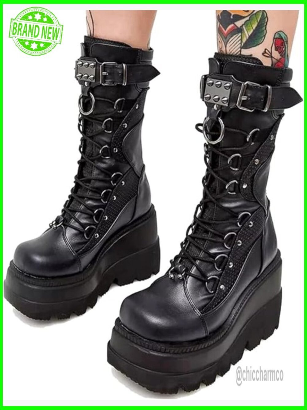 Gothic Punk Platform Combat Boots Lace-Up Zipper Chunky Heel Mid Calf